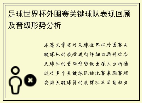 足球世界杯外围赛关键球队表现回顾及晋级形势分析