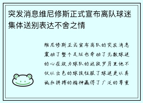 突发消息维尼修斯正式宣布离队球迷集体送别表达不舍之情 突发消息维尼修斯正式宣布离队球迷集体送别表达不舍之情