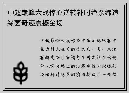 中超巅峰大战惊心逆转补时绝杀缔造绿茵奇迹震撼全场 中超巅峰大战惊心逆转补时绝杀缔造绿茵奇迹震撼全场